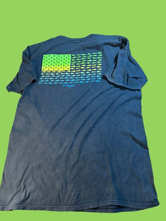 Columbia PFG Men's Large Navy Blue Short Sleeve Fish Flag Graphic T-Shirt - Picture 2 of 6